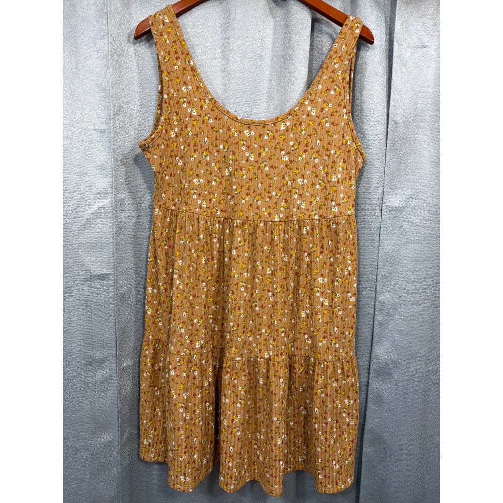 Baevely Womens Tan Ditsy Floral Ribbed Tiered Babydoll Mini Dress BL1012 Large